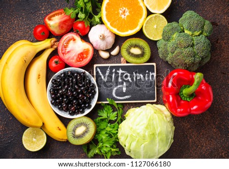 Food containing vitamin C. Healthy eating. Top view Royalty-Free Stock Photo #1127066180