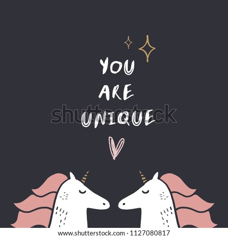 Vector and jpg image. Cute unicorns and lettering text. Magic art. Decor elements for your stuff and graphic design. Good for gift card and kids products. Clipart. Isolated.