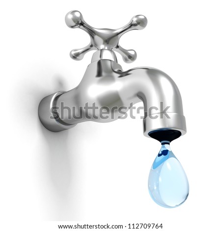 Dripping tap with drop on white background