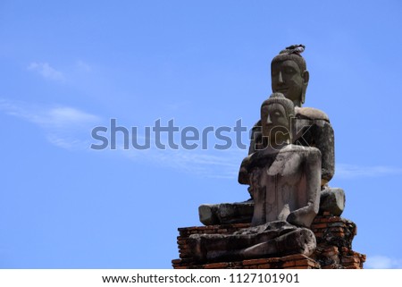 Ayutthaya historical park Thailand ,famous ancient temple Wat Chaiwatthanaram ,Two old buddha statue and birds on head on sky background