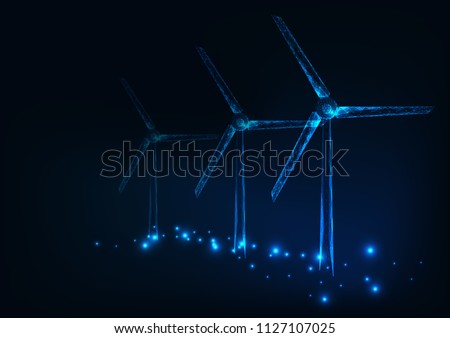 Three wind mills made of glowing  triangles, lines, dots. Wind turbines field. Renewable alternative sources of electric energy. Low polygonal wire frame design. Vector illustration.  Royalty-Free Stock Photo #1127107025