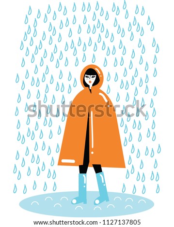 Young girl in a rain coat Vector illustration. Isolated on white. Raining bad weather Royalty-Free Stock Photo #1127137805