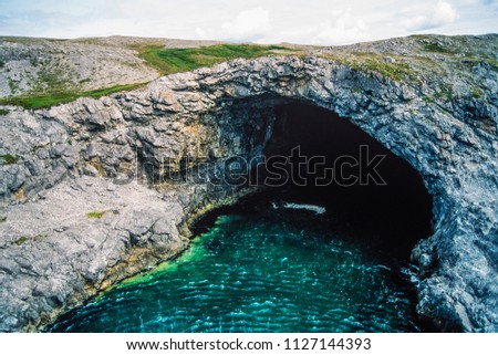 Aerial image of sea cave near Raleigh, Newfoundland, Canada