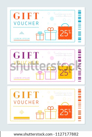 Voucher vector. Two side of discount gift voucher or gift certificate layout. Promo vector coupon of discount  special offer. Colorful voucher card template vector design or restaurant coupon.