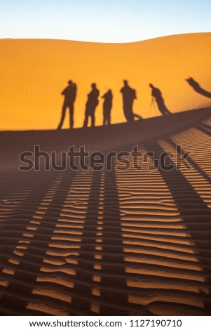 Orange, textured, patterned, lined, shadowed sand hill with people and their long shadows on top in Hiddenvlei Namibia, Africa.