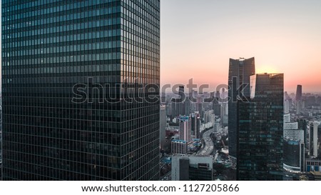 aerial view of business area in Nangjing Rd, Shanghai, China, at dusk