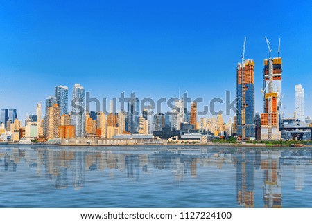 Skyline view of skyscrapers from water, from Hudson to Manhattan,NY. New York City is  Financial capital of America. USA.