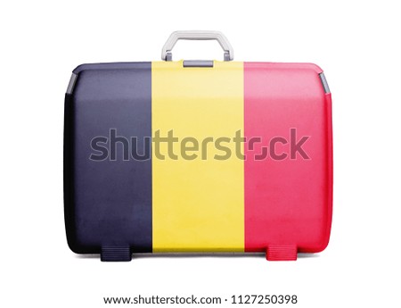 Used plastic suitcase with stains and scratches, printed with flag, Belgium