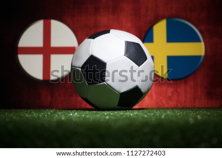 Soccer 2018. Creative concept. Soccer ball on green grass. Support your country or cheer concept. Selective focus