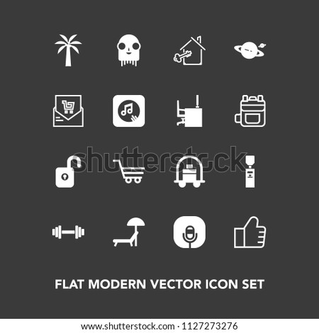 Modern, simple vector icon set on dark background with estate, retail, shop, hotel, find, , concept, monster, fiction, web, equipment, music, search, service, water, saturn, protection, ufo, gym icons
