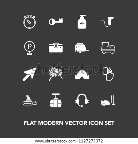 Modern, simple vector icon set on dark background with key, boat, camp, bottle, housework, candy, flame, sea, liquid, fire, tent, food, cable, web, clean, undersea, adventure, hygiene, timer icons