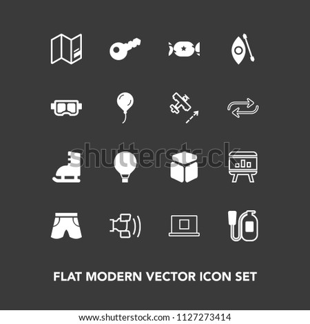 Modern, simple vector icon set on dark background with business, mobile, kayaking, ice, food, fire, web, activity, winter, template, wear, profile, home, equipment, cube, shorts, kayak, sky, map icons