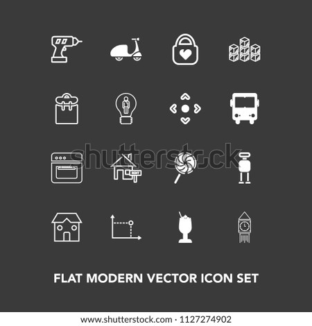 Modern, simple vector icon set on dark background with sweet, work, style, machine, bar, home, sport, building, alcohol, bicycle, rent, sign, property, big, futuristic, bag, bike, oven, candy icons