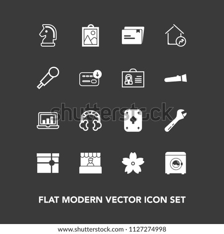 Modern, simple vector icon set on dark background with blossom, property, gift, game, machine, market, laptop, hammer, present, chart, housework, play, picture, supermarket, box, audio, sound icons