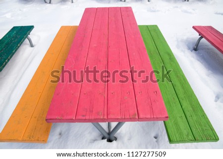 Multicolored tables at snow pistes Teruel Aragon Spain