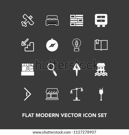 Modern, simple vector icon set on dark background with aircraft, up, drawer, ice, law, market, map, newspaper, downstairs, white, grocery, right, glass, bucket, travel, wine, balance, judge, bed icons