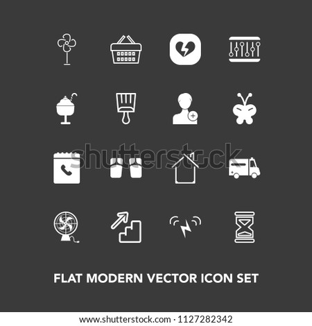 Modern, simple vector icon set on dark background with air, building, medical, energy, shop, cooler, hospital, downstairs, market, beach, sign, clock, estate, timer, store, internet, broken, sun icons