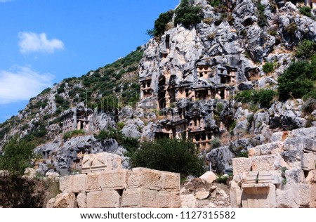 Lycian city of the dead carved into the hillside of Southern Turkey