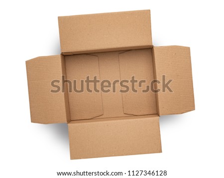 empty cardboard box on top isolated on white Royalty-Free Stock Photo #1127346128