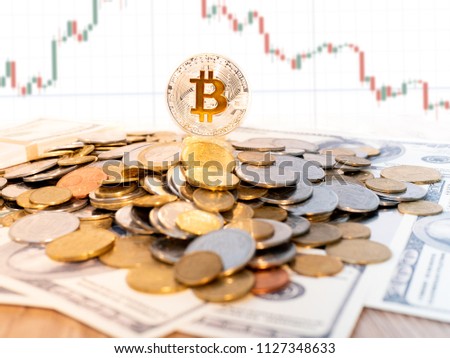 Bitcoins concept. Virtual money. Gold bitcoins with Candle stick graph chart and digital background. Golden bitcoin with icon letter B. Mining or blockchain technology