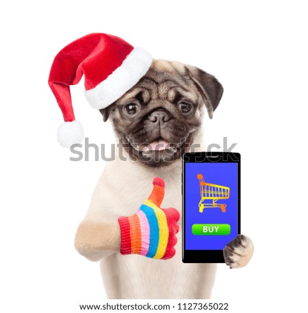 Funny puppy in red christmas hat with smartphone showing thumbs up. Isolated on white background