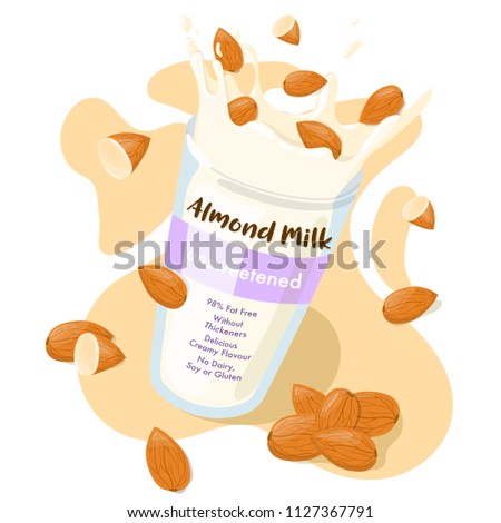 Almond Milk Splash with whole almonds in a glass vector ad flyer design. Healthy eating cartoon poster illustration isolated on white background