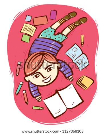 Illustration of a Kid Boy Reading a Book with Markers and Notes Lying Around