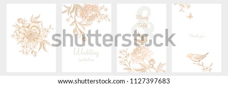 Templates of wedding invitations set. Decoration with birds and garden flowers by peonies. Floral vector illustration. Vintage engraving. Oriental style. Cards with gold foil print. Royalty-Free Stock Photo #1127397683