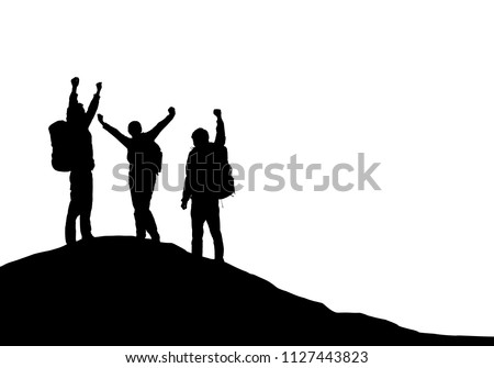 Three tourists with backpacks on top of a mountain rejoice in success - vector