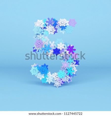 Number 5 Christmas 3d color illustration. Snowflakes decorated number logo template. Blue color winter raster clipart. New Year, Xmas greeting card, poster, banner design element
