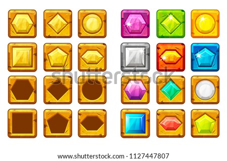 Cartoon different shaped gems, multi-colored and vector gold button For Ui Game