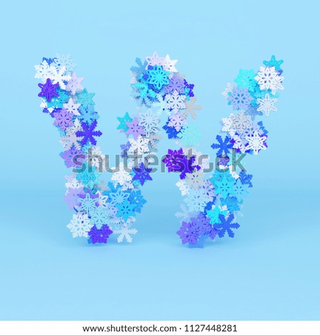 Letter W Christmas 3d color illustration. Snowflakes decorated uppercase letter logo template. Blue color winter raster clipart. New Year, Xmas greeting card, poster, banner design element