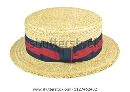 Close up of Boater hat Isolated on white background view. Straw hat. Fashion wallpaper. Royalty-Free Stock Photo #1127462432