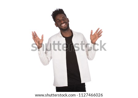 Happy handsome african guy with arms opened, isolated on a white background.