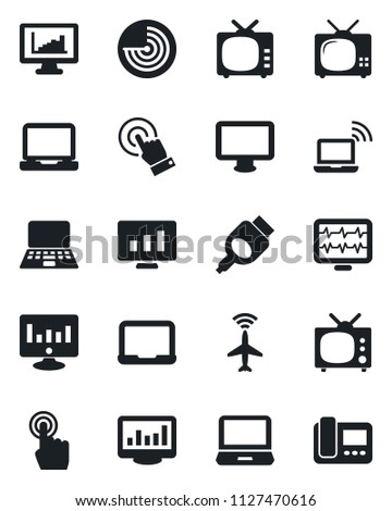Set of vector isolated black icon - plane radar vector, wireless notebook, pc, statistic monitor, pulse, tv, touch screen, laptop, hdmi, statistics, intercome