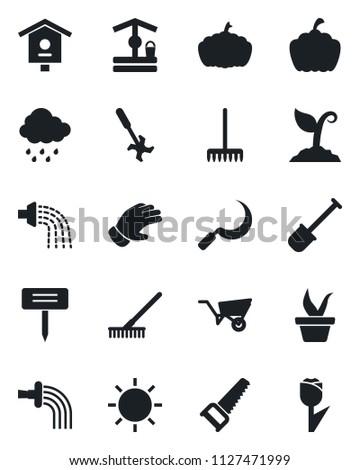 Set of vector isolated black icon - shovel vector, rake, seedling, wheelbarrow, watering, sproute, glove, saw, sun, rain, well, sickle, plant label, pumpkin, bird house, ripper, tulip