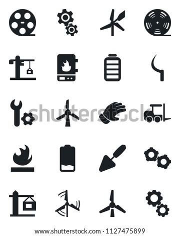 Set of vector isolated black icon - fork loader vector, gear, trowel, glove, sickle, flammable, reel, battery, low, root setup, windmill, crane, water heater