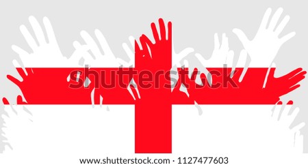 Hands up silhouettes on a England flag. Crowd of fans of soccer, games, cheerful people at a party. Vector banner, card, poster.