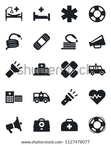 Set of vector isolated black icon - hose vector, heart pulse, doctor case, patch, ambulance star, car, hospital bed, loudspeaker, torch, crisis management
