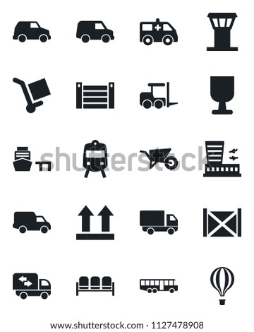 Set of vector isolated black icon - airport tower vector, bus, train, waiting area, fork loader, building, wheelbarrow, ambulance car, delivery, sea port, container, fragile, cargo, up side sign
