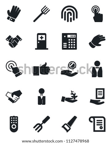 Set of vector isolated black icon - medical room vector, document, garden fork, farm, glove, saw, touch screen, finger up, fingerprint id, handshake, waiter, remote control, combination lock
