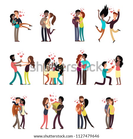 Happy young interracial couples in love collection vector cartoon characters illustration Royalty-Free Stock Photo #1127479646