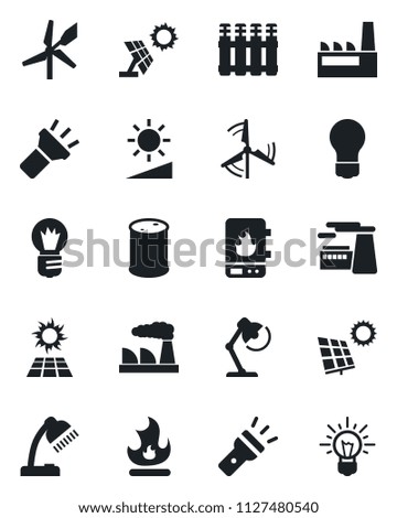 Set of vector isolated black icon - bulb vector, factory, fire, oil barrel, torch, brightness, desk lamp, sun panel, windmill, water heater, radiator, idea