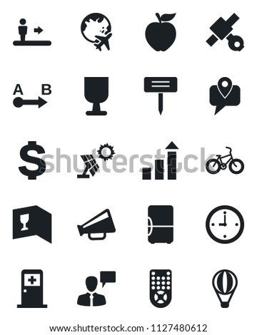 Set of vector isolated black icon - escalator vector, plane globe, medical room, speaking man, growth statistic, dollar sign, plant label, bike, satellite, mobile tracking, fragile, route, clock