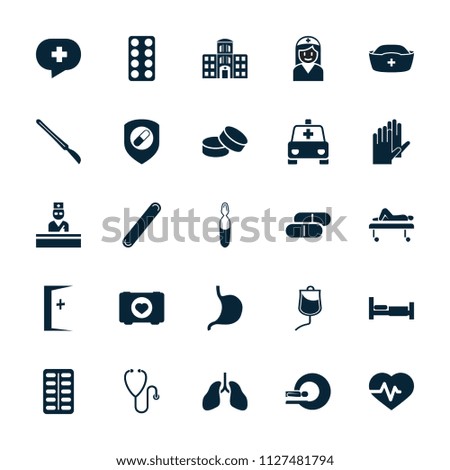 Hospital icon. collection of 25 hospital filled icons such as bed, tablet, heartbeat, case with heart, pill, stomach, drop counter. editable hospital icons for web and mobile.