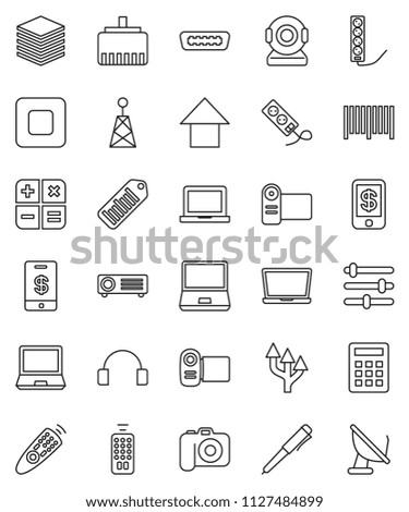 thin line vector icon set - pen vector, notebook pc, arrow up, barcode, camera, antenna, remote control, headphones, stop button, hdmi, big data, equalizer, lan connector, route, calculator, tap pay