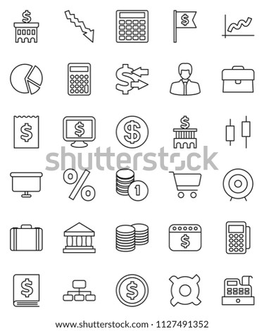 thin line vector icon set - bank vector, exchange, dollar coin, graph, pie, cart, japanese candle, crisis, manager, case, stack, annual report, building, calculator, receipt, target, flag, hierarchy