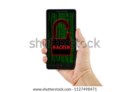 Hand holding black smartphone,Padlock crack and text Hacker isolated on white background with clipping path.Concepts Security passwords.