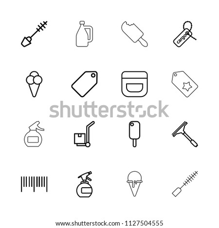 Product icon. collection of 16 product outline icons such as tag, spray bottle, mascara, cream, window squeegee, barcode, ice cream. editable product icons for web and mobile.