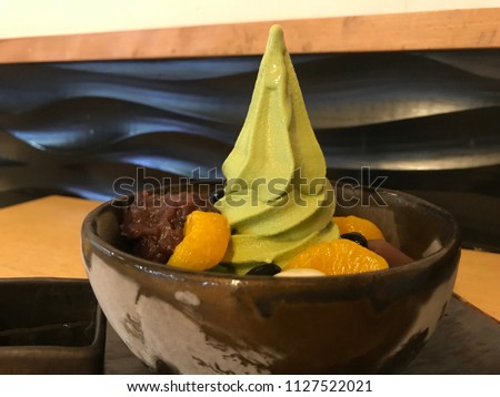 Japanese Green Tea Ice Cream Soft Serve with Fruits and Red Bean Curd / Paste